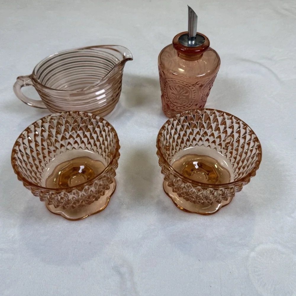 Vintage Pink Depression Glass 4pc Lot Creamer Footed Bowls Syrup Dispenser